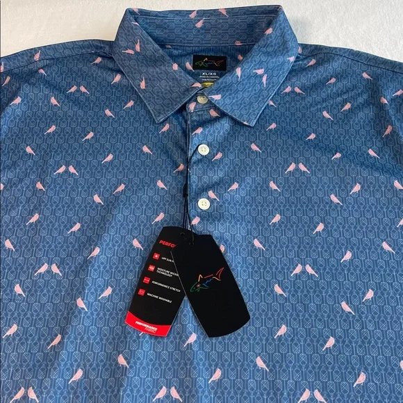 GREG NORMAN BLUE PINK BIRD PRINT GOLF POLO XL NWT - Picture 2 of 4